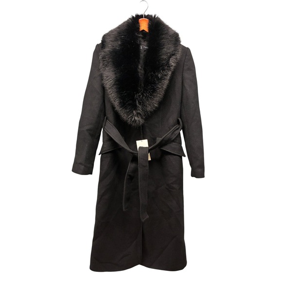 ZARA Wool Blend Coat Women's XS Removable Faux Fur Lapel Belted Black NWT
